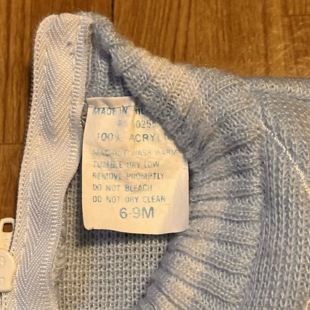 Vintage Baby Blue Knit Sleeper Footed Romper 6-9 Months Swan Design